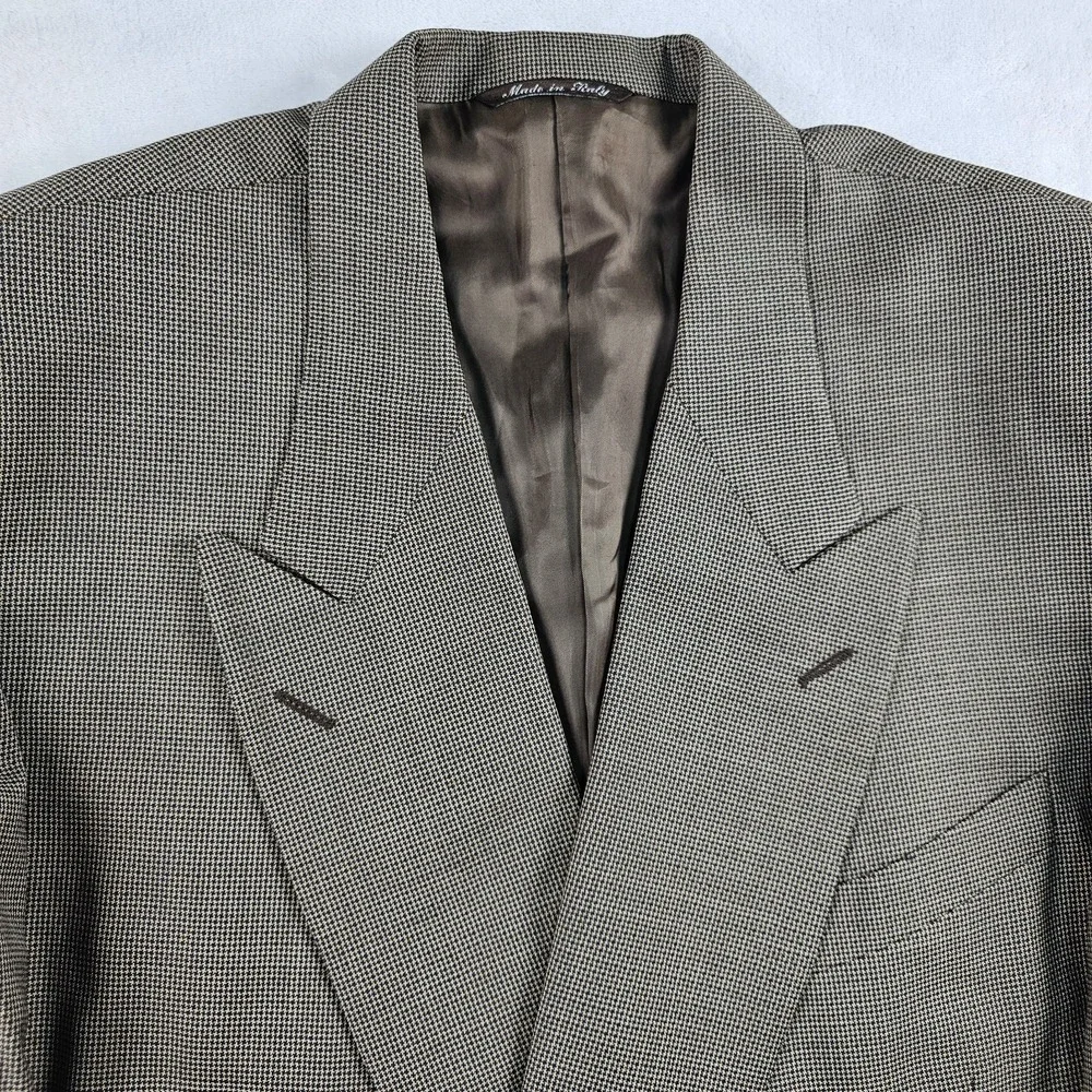 Canali Proposta Double Breasted Coat Mens 46L Jacket Houndstooth Navy Blue Brown